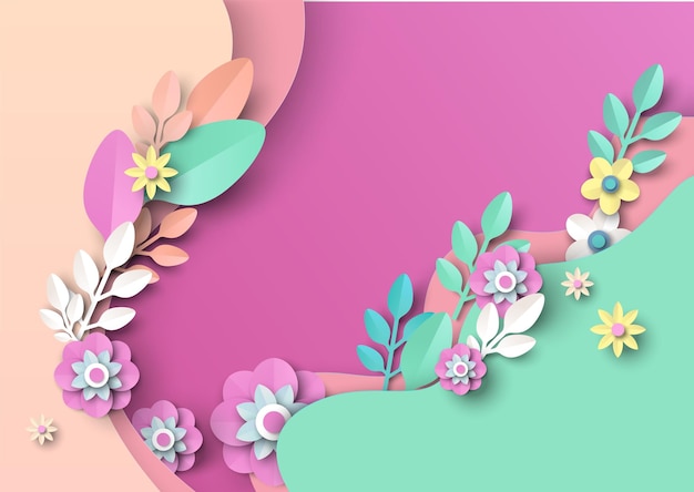 Papier gesneden Lentebloemen en bladeren vector illustratie Lente achtergrond Floral banner poster flyer sjabloon met kopie ruimte