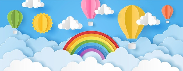 Papier gesneden stijl van zonnewolken en heteluchtballonnen met regenboog op blauwe hemel Zomerachtergrond