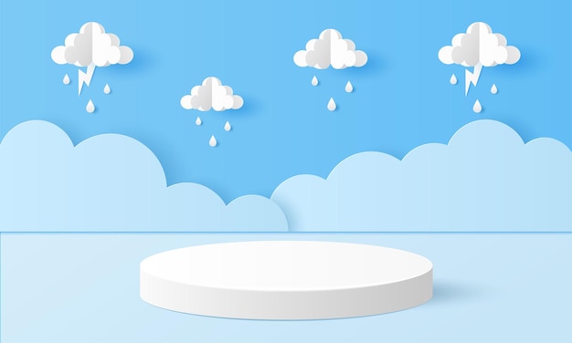 Papier gesneden van witte cilinder podium voor producten display presentatie met wolken regendruppels en bliksem Vector illustratie