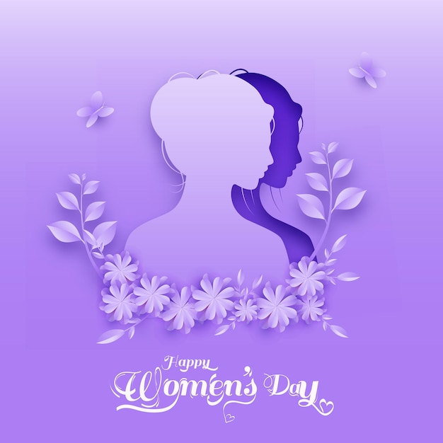 Papier gesneden vrouwelijk gezicht met bloemen Bladeren en vlinders op paarse achtergrond voor Gelukkige Vrouwendag Kan worden gebruikt als groetkaart