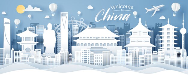 Papier knippen van china landmark, reizen en toerisme concept.
