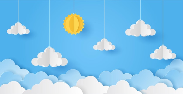 Vector papier knippen van zon en wolk op blauwe hemelachtergrond vectorillustratie