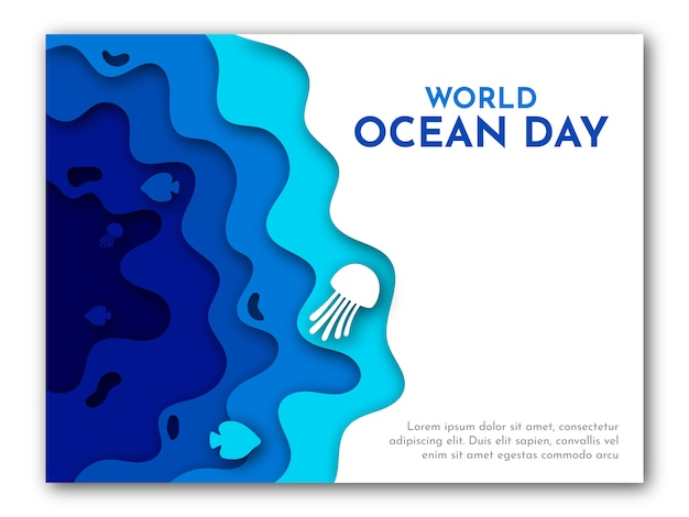 Vector papier kunst van wereld oceaan dag sjabloon met blauwe zee, vis en kwallen illustratie