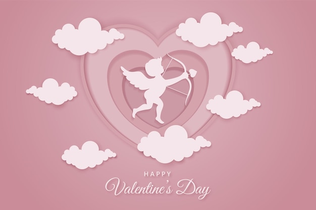 Papier kunststijl Valentijnsdag achtergrond met cupido en hart illustratie