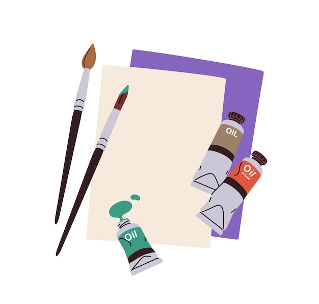 Papierblad olieverf in buizen schilderborstels en tekengereedschappen Traditionele kunstbenodigdheden leeg doek creatieve hobbyaccessoires bovenkant vlakke vectorillustratie geïsoleerd op witte achtergrond
