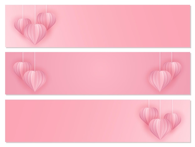 Papieren banner in kunst- en ambachtelijke stijl met harten Knip papieren 3d-harten uit die aan kettingen hangen