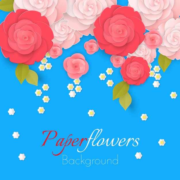 Vector papieren bloem realistische stijl vectorillustratie van zachte volledig geblazen roze rozen met bladeren en kleine margrieten hieronder met inscriptie