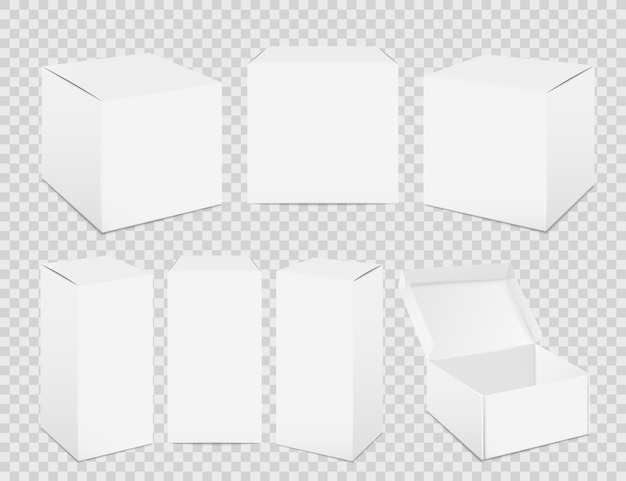 Papieren dozen. realistisch hoog wit kartonnen pakketmodel, papieren voedselcontainer. vector set geïsoleerd pakket voor medicijnen op transparante achtergrond