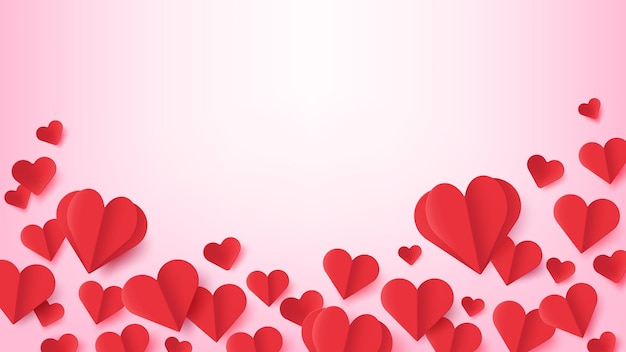 Papieren harten. valentijnsdag poster met vliegende rode hartvormige origami met schaduw. liefde symbolen. bruiloft of verjaardag vector groet. illustratie evenement banner, liefde origami