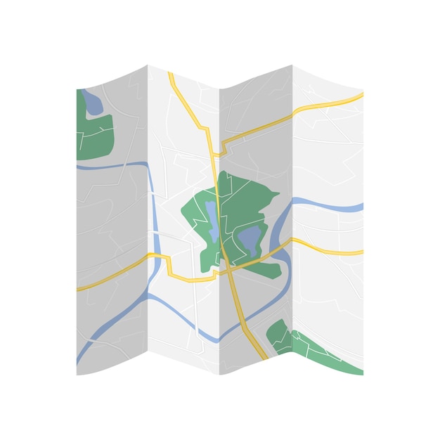 Papieren kaart van de stad Een stad met een rivier wegen parken en huizen Meerdere keren gevouwen papieren kaart Vector illustratie geïsoleerd