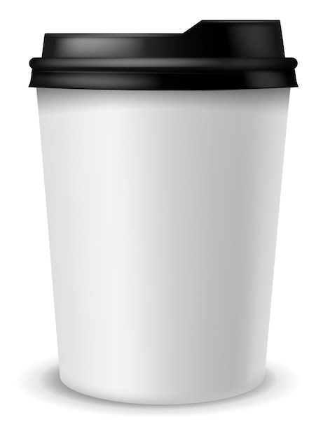 Papieren koffiekopje Afhaalkartonnen container voor latte espresso en cappuccino zwart plastic deksel café of restaurant ochtenddrankjes wit leeg pakket 3d mockup vector 3d element