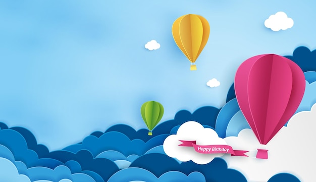 Papieren kunst van verjaardag met ballon en wolk in de lucht kan worden gebruikt voor Wallpaper-uitnodiging