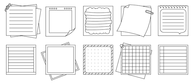 Papieren notities notitiepapier sticker notitieblokken contourset kopieboek pagina gelijnde raster vector illustratie