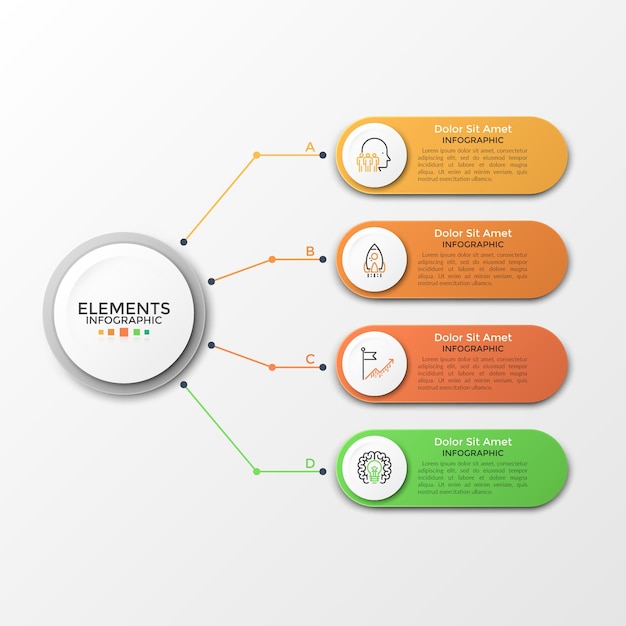 Papieren witte cirkel verbonden met 4 kleurrijke afgeronde elementen met lineaire pictogrammen en plaats voor tekst erin. Concept van vier kenmerken van zakelijk project. Infographic ontwerpsjabloon. Vector illustratie.