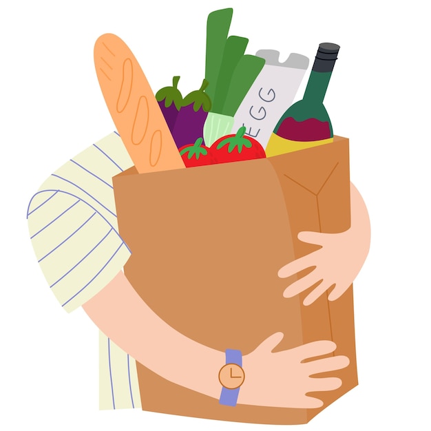 Vector papieren zak met eten winkelen in de supermarkt biologische fruitgroenten en supermarktproducten