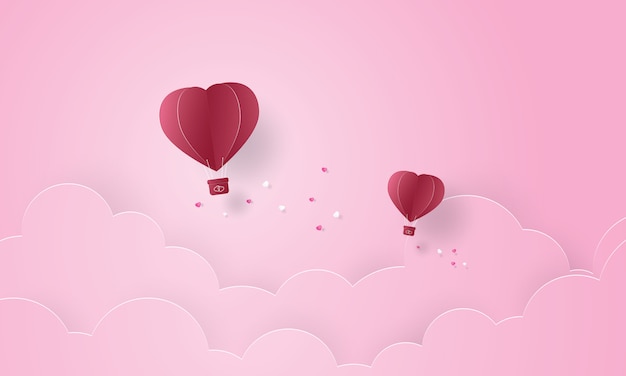 Papierkunst van hete luchtballon die in de hemel vliegen, Valentijnsdag