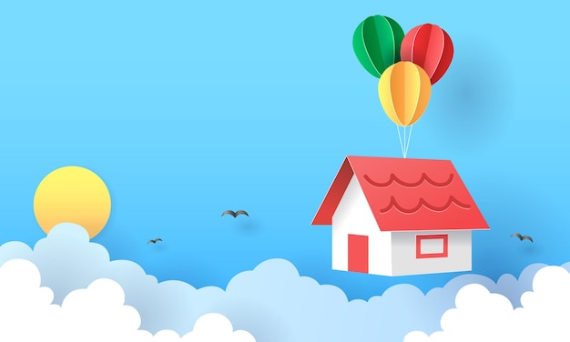 Papierkunst van huis hangend met kleurrijke ballon