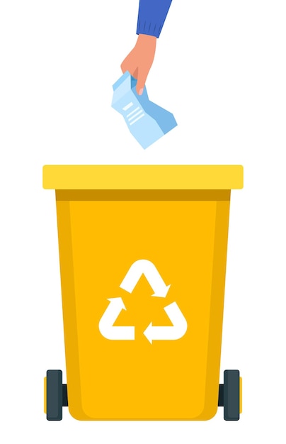 Vector papierpakket met de hand in de gele vuilnisbak met recyclingsymbool voor organisch afval gooien