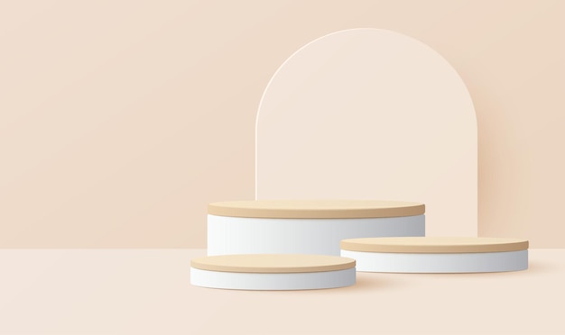 Papiersnede van minimale scène met houten cilinderpodium op lichtbruine achtergrond Productpresentatie mock-up show cosmetica Vectorillustratie