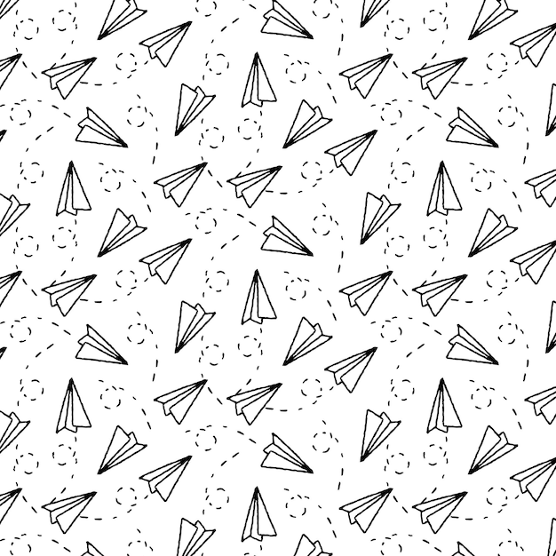 Papiervliegtuigpatroon in doodle-stijl vectorgraphics lijn met de hand getekend Creatief ontwerp textiel