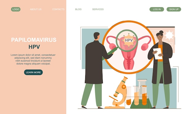 Vector papillomavirus hpv concept scientific research of human body doctors study dna man with magnifying