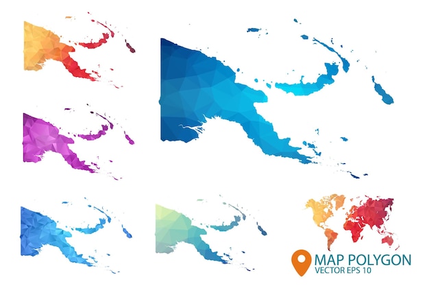 Papoea-Nieuw-Guinea kaart Set geometrische verkreukelde driehoekige laag poly stijl gradiënt grafische achtergrond