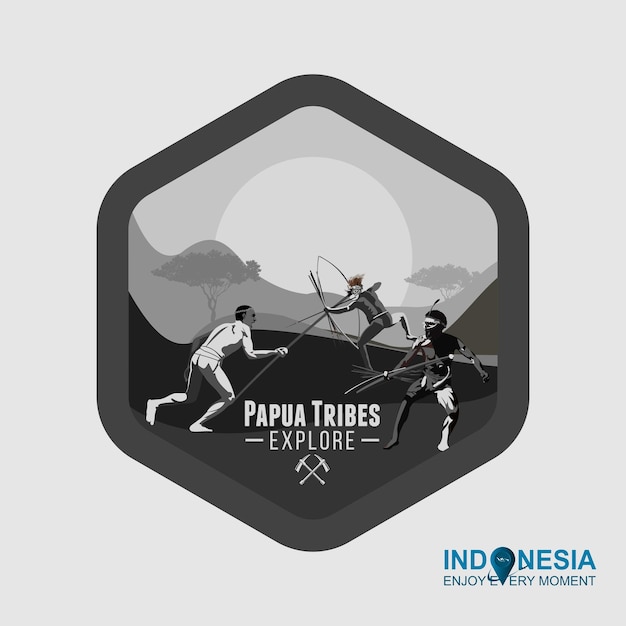 Vector papua badge with black and white illustration of papuan tribe