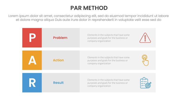 Vector par method infographic 3 point with 3 block row rectangle content stack for slide presentation