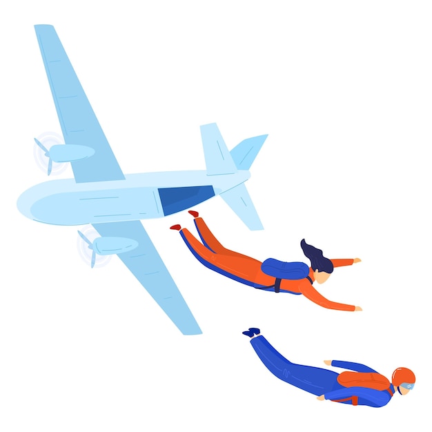 Вектор Парашютное приключение с самолета, изолированного на белой векторной иллюстрации, парашютный дизайн парашютиста