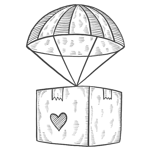 Vector parachute box donation charity humanitarian international day isolated doodle hand drawn sketch with outline style