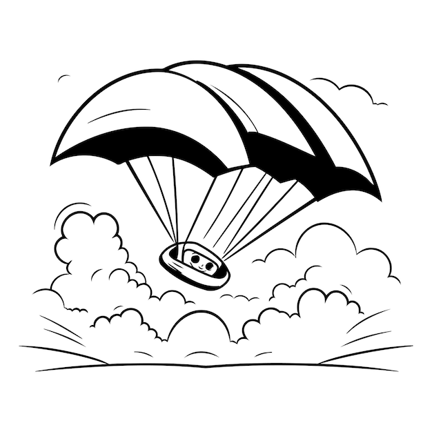 Parachute flying in the sky Black and white vector illustration