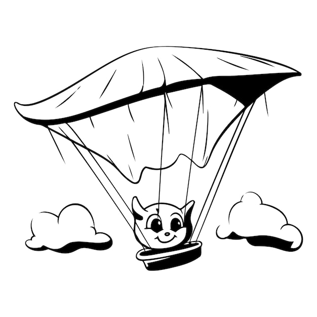 Parachute flying in the sky Black and white vector illustration