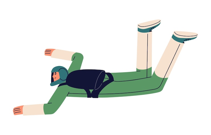 Vector parachute jumper skydiver zwevend in de lucht extreme parachutist parachutespringen mens valt naar beneden vliegen op hoogte persoon springen stijgende in de lucht platte vectorillustratie geïsoleerd op witte achtergrond