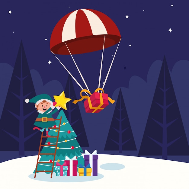 Parachute met geschenkdoos en kerstboom en santas helper met geschenkdozen