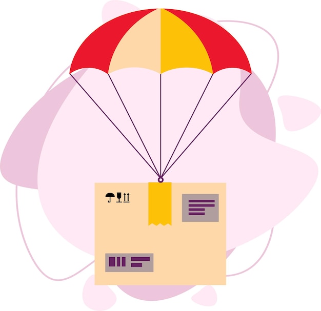 Parachutes delivering parcels. the box with the cargo is flying. flat vector illustration.