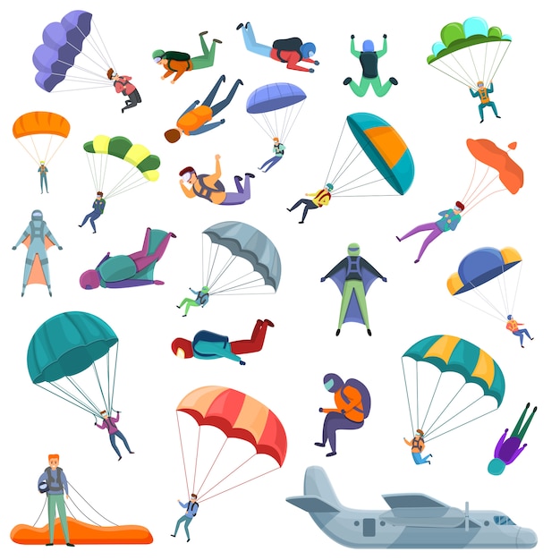 Вектор Набор иконок для парашютного спорта, мультяшном стиле