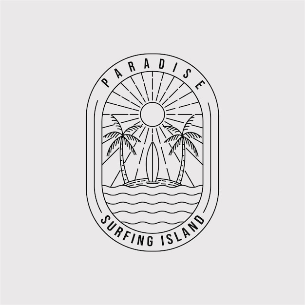 Paradijs lijn kunst logo vector illustratie ontwerp. surfen eiland embleem symbool. palmboom lijntekeningen icoon