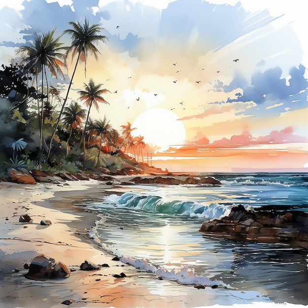 Vector paradijs zeegebied caribbean resort tropisch palmbad waterverf golf zonsopgang schemering horizon