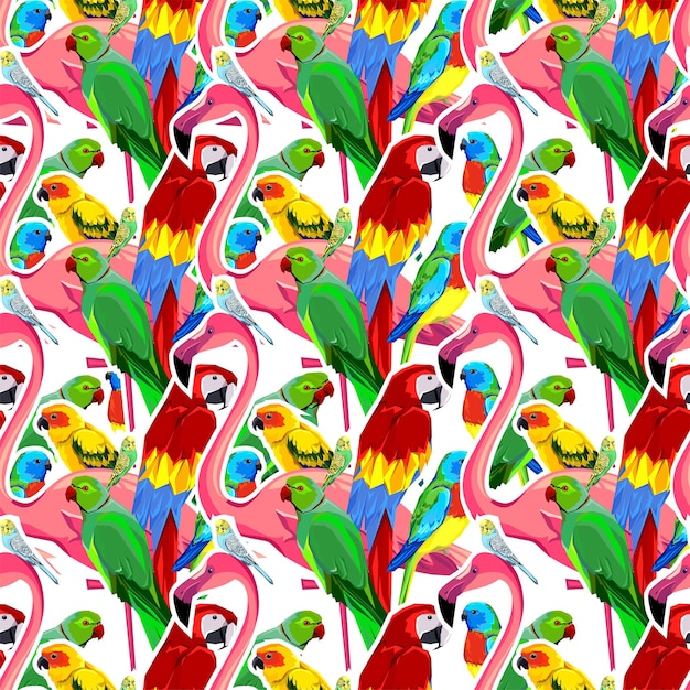 Vector paradijsvogels hand getrokken flamingo en papegaaien naadloze patroon ontwerp print tropische vogels vector illustratie grafisch ontwerp