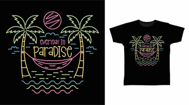 Paradise beach hand tekenen neon kleuren tshirt ontwerp