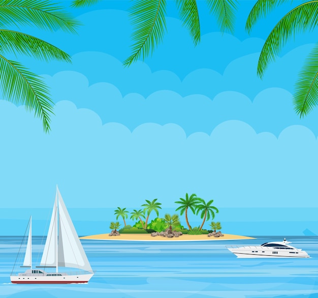 Paradise beach of the sea with yachts and palm trees.