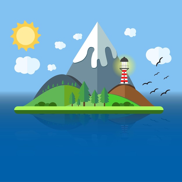 Paradise island met berg heuvel boom en vogels zomertijd vakantie reis concept illustratie in vlakke stijl reizen background