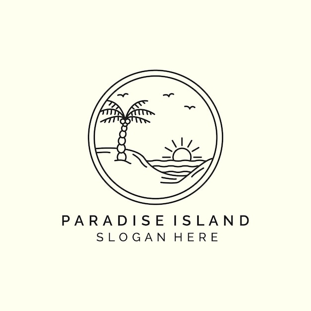 Isola paradisiaca con emblema e linea arte stile logo icona modello design palma onda spiaggia sole uccello illustrazione vettoriale