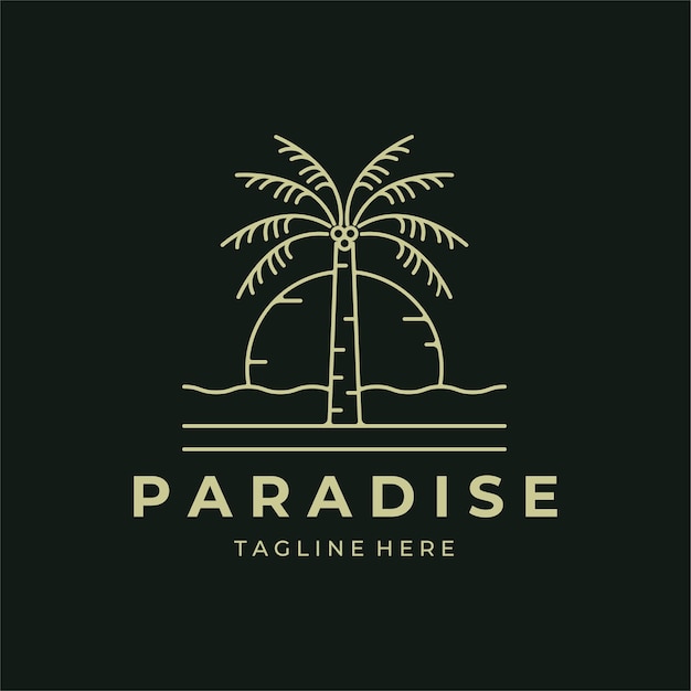 Paradise logo lijn kunst vector minimalistisch design kokosnoot boom icoon