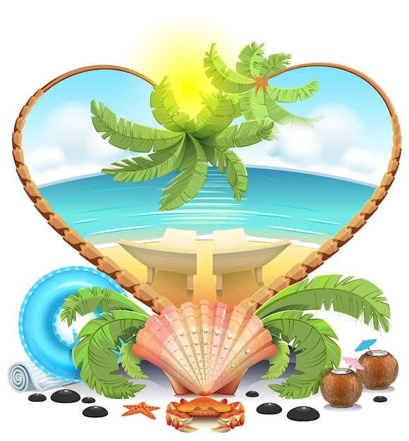 Vector paradise summer vacation on tropical island two palm trees heart shape sun lounger blue sea sand