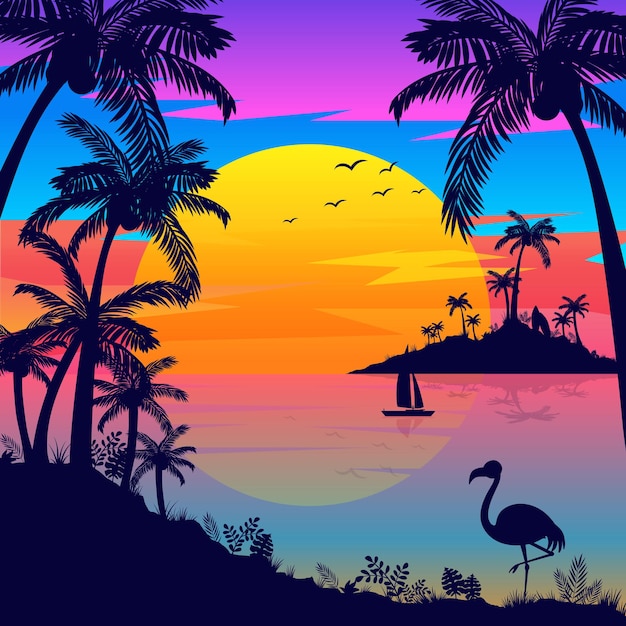 Vector paradise tropical beach sunset vector background