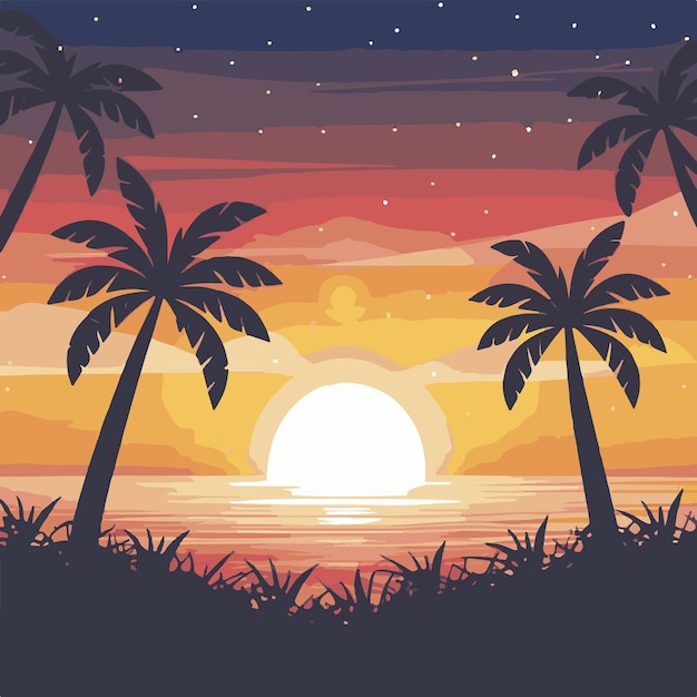 Vettore il paradiso svelato, il tramonto estivo e l'armonia delle palme