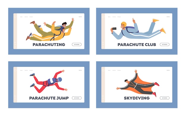 Paragliding Parachuting Extreme Sport Activities Landing Page Template Set Skydiver Characters Jump with Parachute