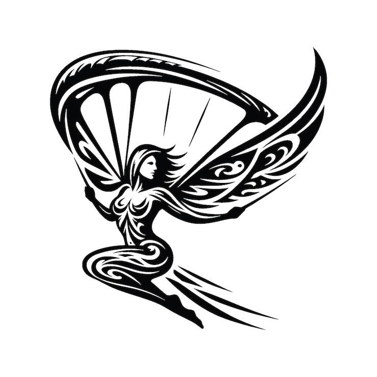 Vector paragliding parasailing skydiving female player in ethnic tribal pattern illustration emblem shield badge