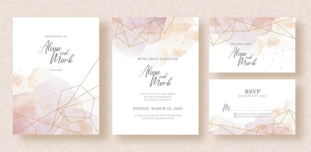 Paragon gold shapes with splash watercolor on wedding invitation design